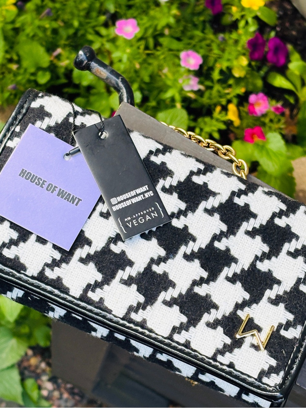 NWT House of Want Houndstooth Chain Crossbody Bag Vegan Leather
